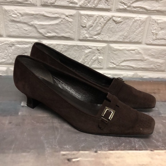 Stuart Weitzman Shoes - Stuart Weitzman Dark Brown Perforated Suede Low Heel Pumps Buckle women’s 11